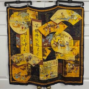 Beautiful Multifunctional Silk Scarf Oriental Decorative Motif Blue & Gold 40x40